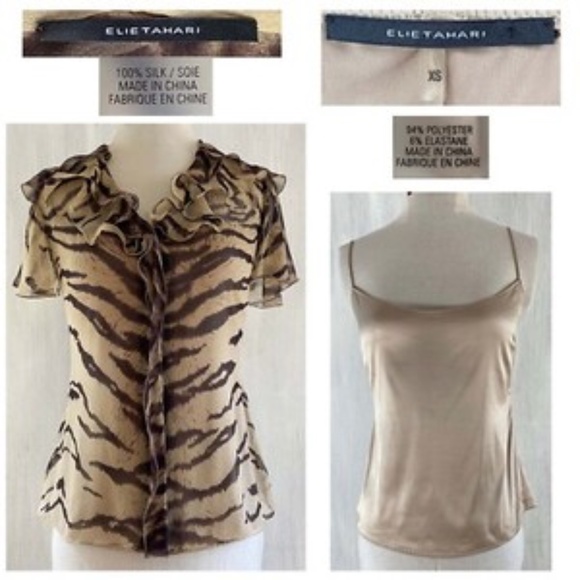 ELIE TAHARI xs Animal Print Silk Chiffon Ruffle Blouse + Camisole 2 Pc Set EUC - Picture 1 of 12